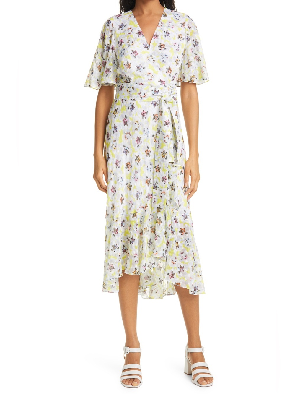 Tanya Taylor Blaire Floral Silk Cotton Wrap Midi Dress Flutter Sleeve Size 0